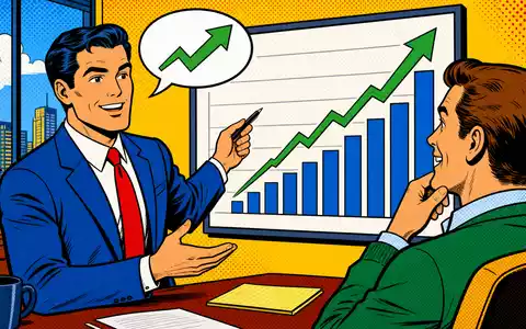 Pop-Art-Comic zeigt Finanzberater und Kunde mit Wachstumschart, farbenfroh passend zu Banca Mediolanum S.p.A., ISIN IT0001137345 - Foto: THN