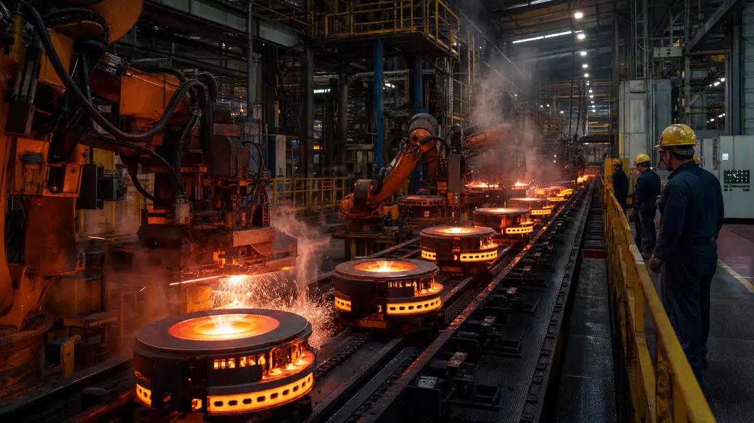 Glühende Bremsscheiben auf automatisierter Fertigungslinie in moderner Fabrikhalle mit Robotern