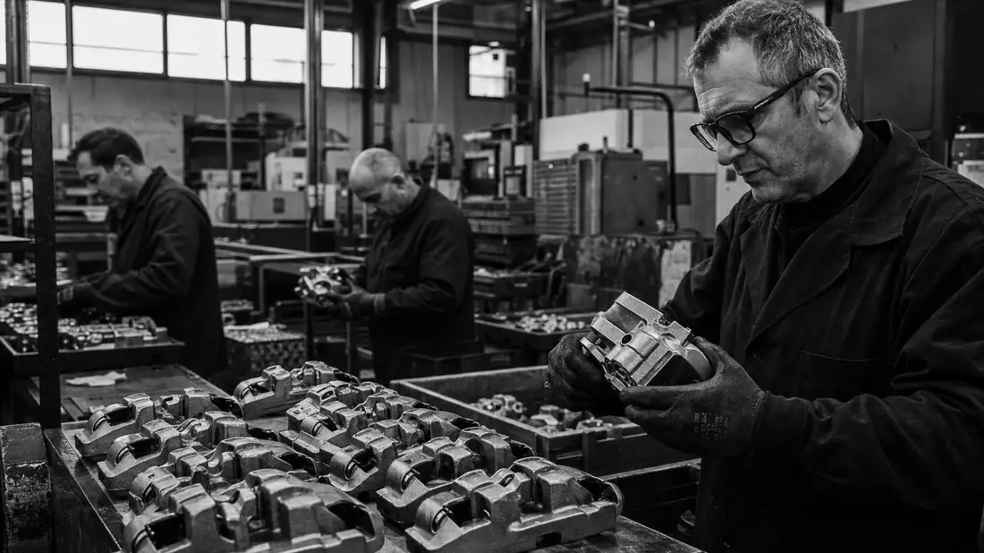Schwarzweiß-Reportagefoto von Arbeitern, die Bremssattel-Bauteile in einer Fabrikhalle prüfen