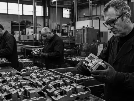 Brembo S.p.A. (ISIN IT0005218380) beschäftigt Fabrikarbeiter, die Bremssattel-Komponenten in norditalienischen Werken sorgfältig kontrollieren - Foto: THN