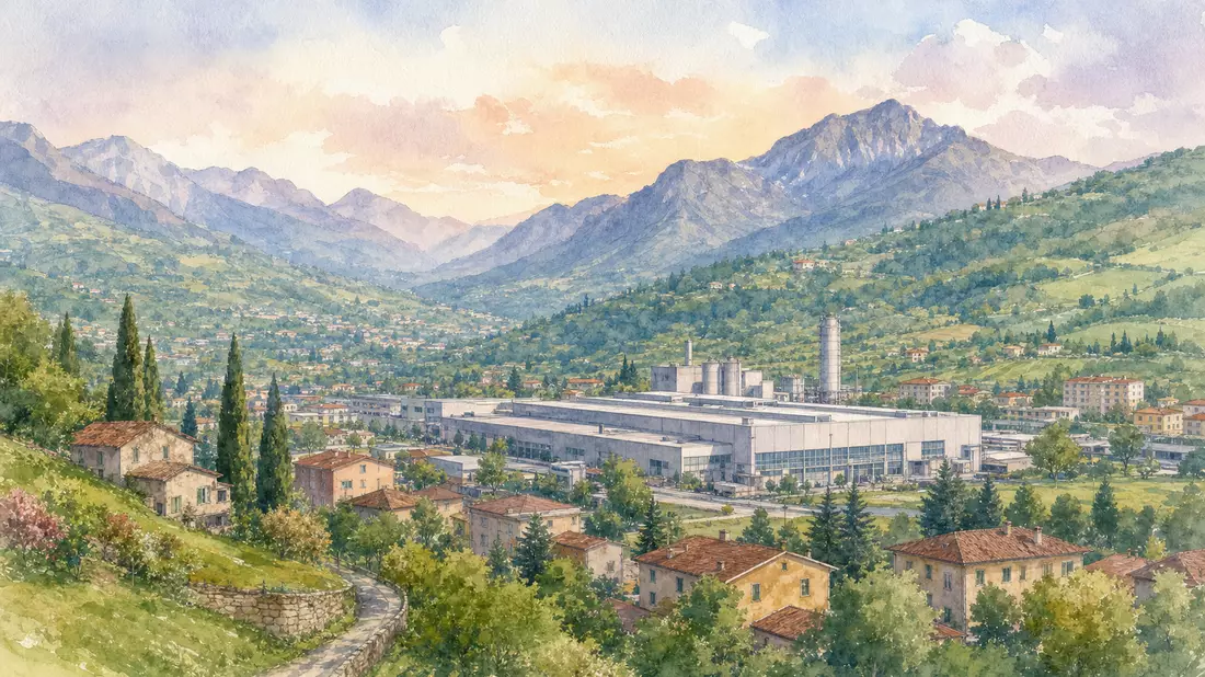 Aquarellmalerei einer Industriestadt in den Hügeln von Bergamo mit Fabrikgebäude und Bergen