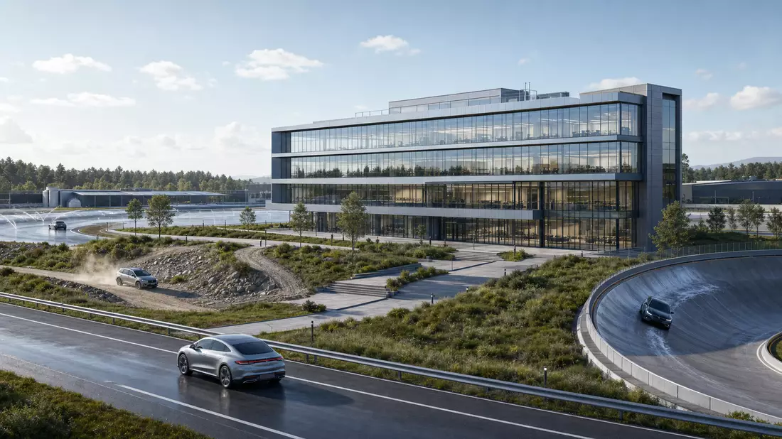 Architektur-Render eines modernen Bürogebäudes mit Glasfassade neben einer Fahrzeug-Teststrecke