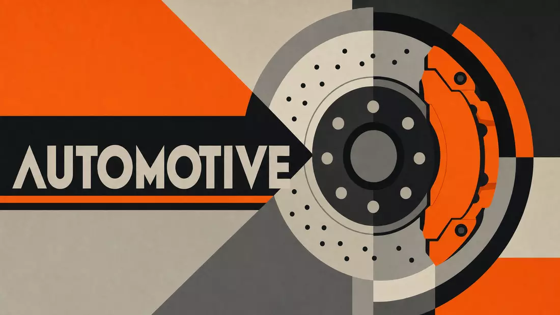 Geometrisches Bauhaus-Poster mit stilisierter Bremsscheibe und großem Schriftzug AUTOMOTIVE