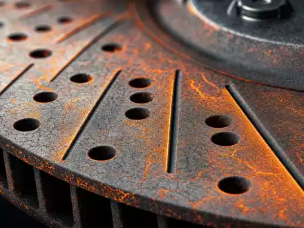 Brembo S.p.A. (ISIN IT0005218380) fertigt Präzisionsbauteile, deren Materialstruktur diese Makroaufnahme einer Bremsscheibe zeigt - Foto: THN
