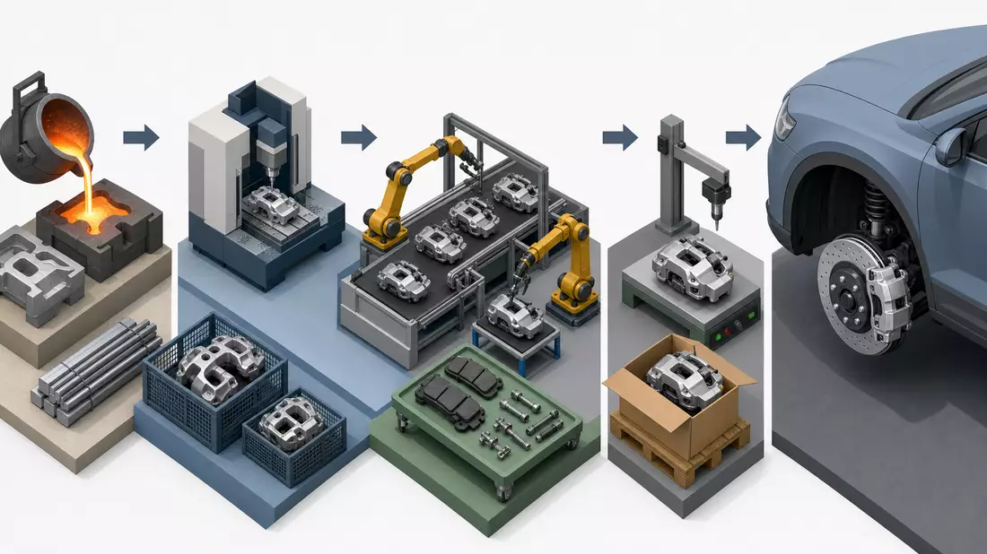 Isometrisches 3D-Diagramm der Produktionskette eines Bremssystems vom Rohguss bis zum Einbau