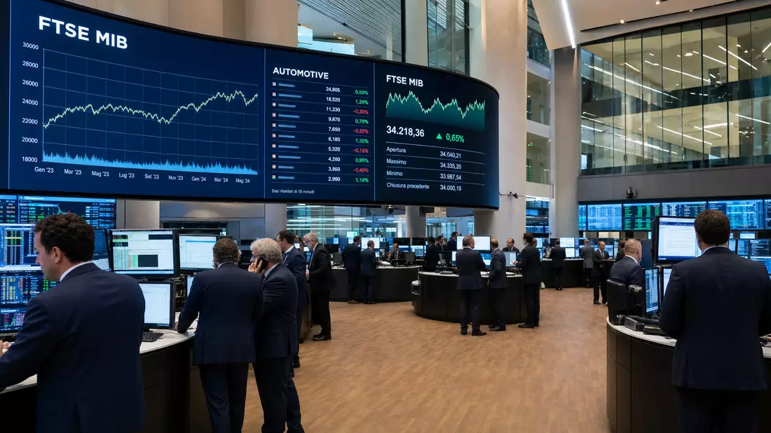 Trading-Floor der Mailänder Börse mit Bildschirmen, die FTSE-MIB-Kurse und Automotive-Charts zeigen