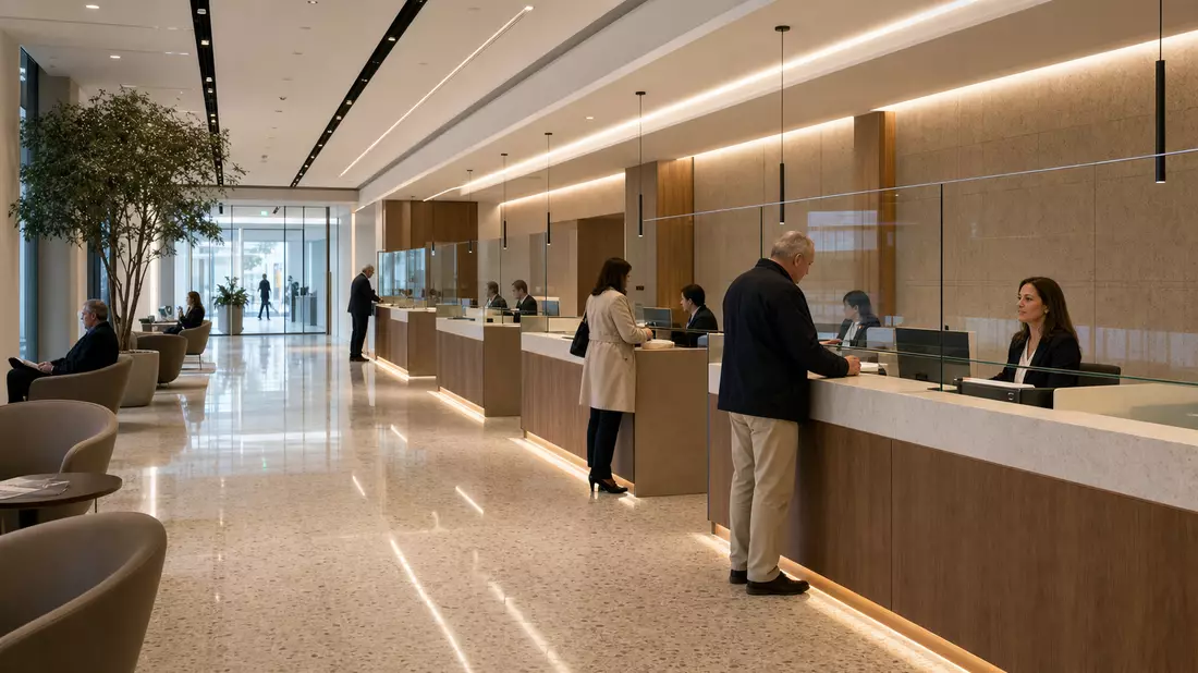 Moderne italienische Bankfiliale mit Kundenschaltern und warmem Ambientelicht