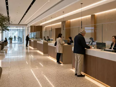 Fotorealistische Bankfiliale zeigt BPER Banca S.p.A. mit ISIN IT0000066123 im italienischen Privatkundengeschäft mit modernen Schaltern - Foto: THN