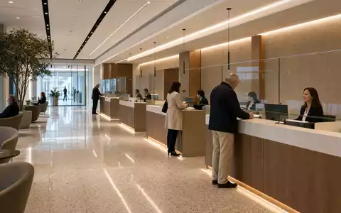Fotorealistische Bankfiliale zeigt BPER Banca S.p.A. mit ISIN IT0000066123 im italienischen Privatkundengeschäft mit modernen Schaltern - Foto: THN