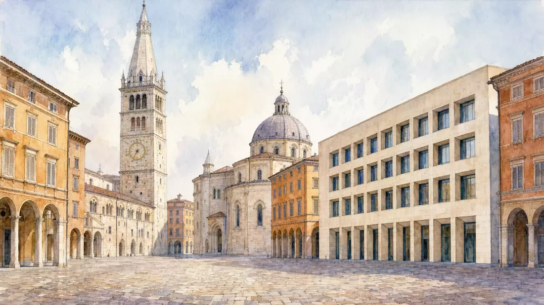 Aquarellbild der historischen Piazza in Modena mit Turm und modernem Gebäude