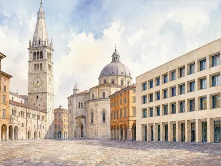 Aquarellmalerei zeigt Modena, Sitz von BPER Banca S.p.A. mit ISIN IT0000066123 und historischem Stadtbild - Foto: THN