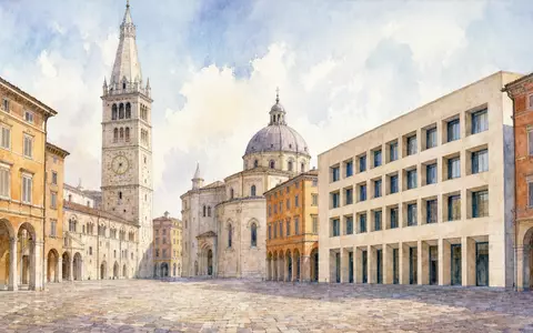 Aquarellmalerei zeigt Modena, Sitz von BPER Banca S.p.A. mit ISIN IT0000066123 und historischem Stadtbild - Foto: THN