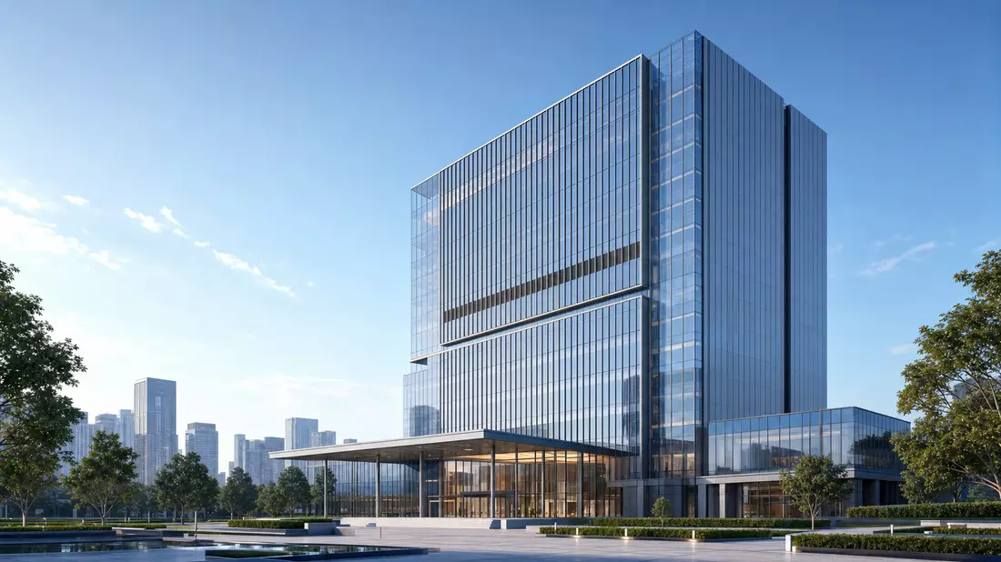 3D-Architekturvisualisierung eines modernen Glas- und Stahlhochhauses am Stadtrand
