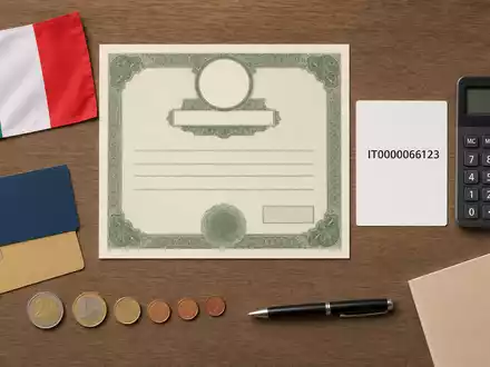 Flatlay mit Aktienzertifikat und ISIN-Karte repräsentiert Wertpapiere von BPER Banca S.p.A. mit ISIN IT0000066123 - Foto: THN