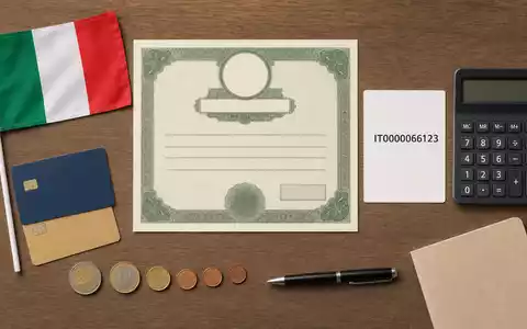 Flatlay mit Aktienzertifikat und ISIN-Karte repräsentiert Wertpapiere von BPER Banca S.p.A. mit ISIN IT0000066123 - Foto: THN