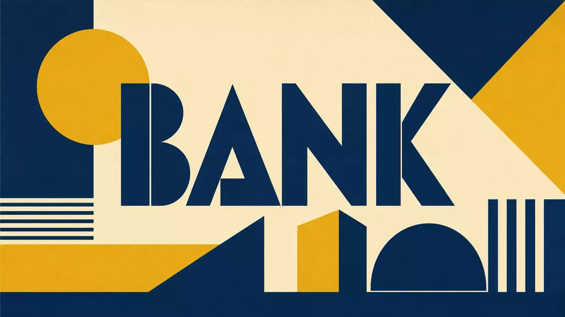 Geometrisches Bauhaus-Poster mit dem Wort BANK in Blau, Gelb und Creme