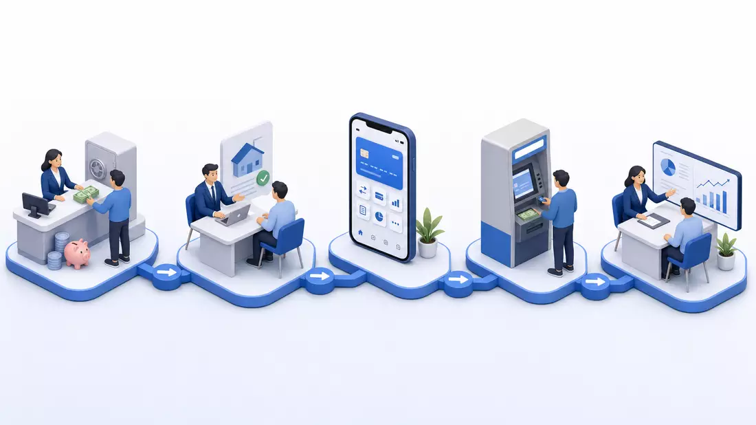 Isometrische 3D-Grafik der Bankprozesse von Einzahlung bis Finanzberatung