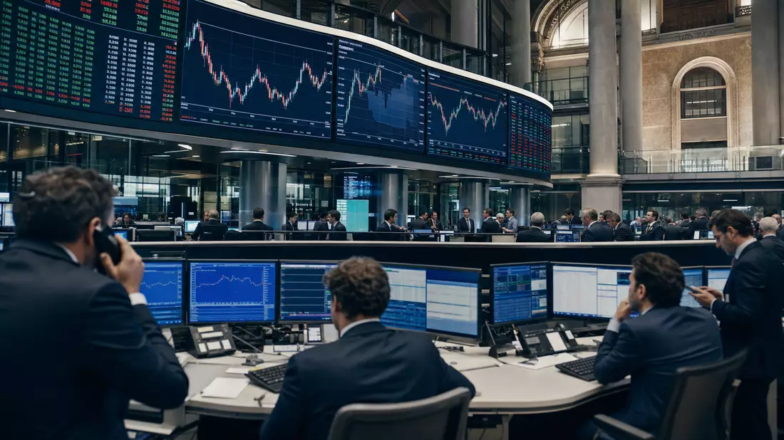 Trading-Floor der Mailänder Börse mit Kurscharts und Analysten an Bildschirmen
