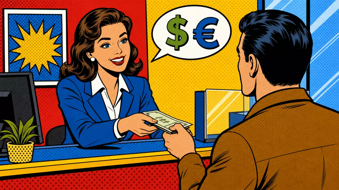 Bunte Pop-Art-Comicszene mit Bankschalterin und Kunde an einem Schalter