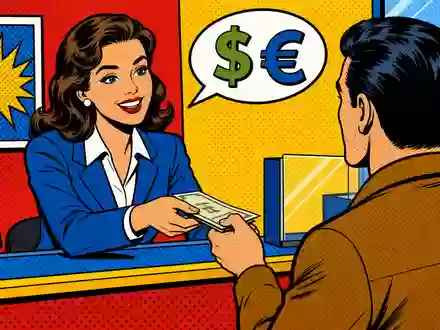 Pop-Art-Comic-Szene mit freundlicher Bankschalterin illustriert Kundenservice von BPER Banca S.p.A. mit ISIN IT0000066123 im Retail-Bankgeschäft - Foto: THN