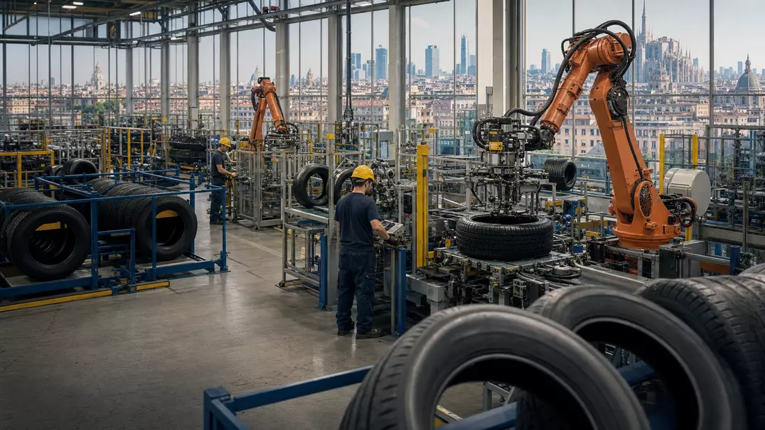 Moderne Reifenfabrik mit Robotern, Arbeitern und Mailand-Skyline im Hintergrund