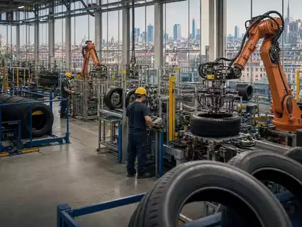 Fotorealistische Reifenfabrik zeigt Pirelli & C. S.p.A. (IT0004623051) mit Robotern und Mailänder Skyline im Hintergrund - Foto: THN