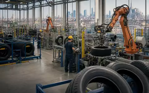 Fotorealistische Reifenfabrik zeigt Pirelli & C. S.p.A. (IT0004623051) mit Robotern und Mailänder Skyline im Hintergrund - Foto: THN
