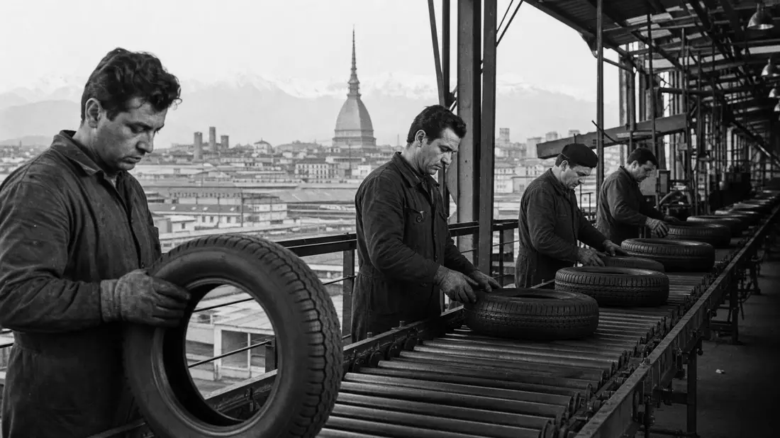 Schwarzweiß-Dokumentarfoto von Arbeitern an Reifen-Fließband vor Turin-Skyline