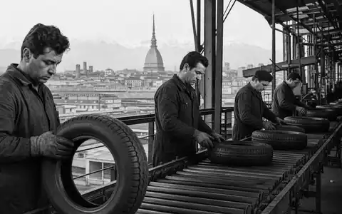 Schwarzweiß-Reportage dokumentiert Reifenproduktion bei Pirelli & C. S.p.A. (IT0004623051) mit Blick auf Turin - Foto: THN
