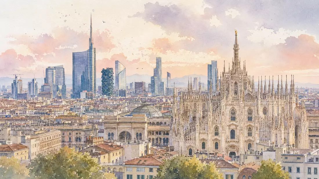 Aquarellbild der Mailänder Skyline mit Dom und modernen Wolkenkratzern bei Sonnenuntergang