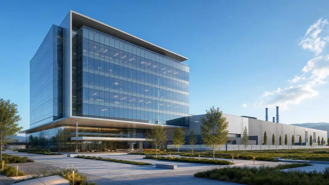 3D-Render einer gläsernen Firmenzentrale neben einer großen Industrieanlage