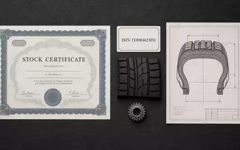 Flatlay mit Aktienzertifikat und ISIN-Karte repräsentiert die Aktie von Pirelli & C. S.p.A. (IT0004623051) treffend - Foto: THN