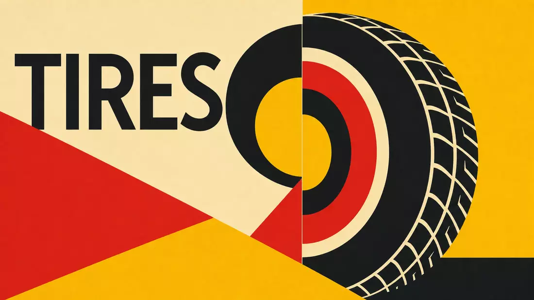 Geometrisches Bauhaus-Poster mit stilisiertem Reifen und Schriftzug TIRES in Primärfarben