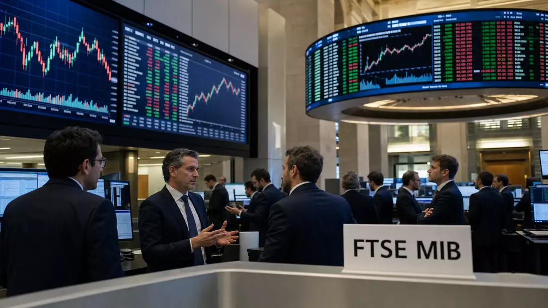 Trader diskutieren vor großen Börsenbildschirmen mit Charts und FTSE-MIB-Schild