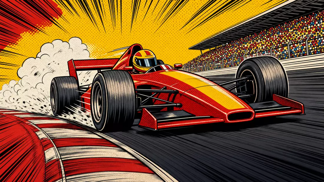 Pop-Art-Comic eines roten Rennwagens mit großen Reifen auf der Rennstrecke