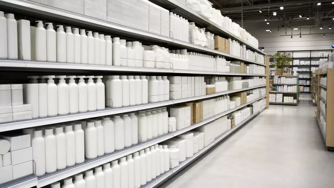 Drogerieregal mit unbeschrifteten Verpackungen, Sinnbild für Procter & Gamble Konsumgüter