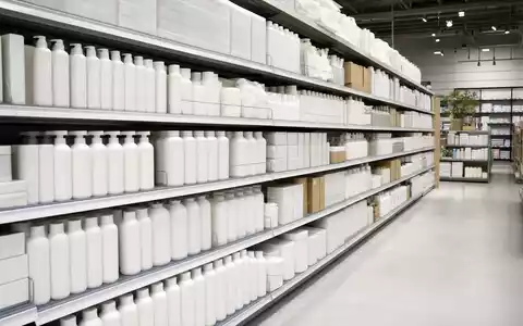 Fotorealistisches Drogerieregal zeigt unbeschriftete Verpackungen der The Procter & Gamble Company, ISIN US7427181091, Konsumgüterbranche Körperpflege - Foto: THN