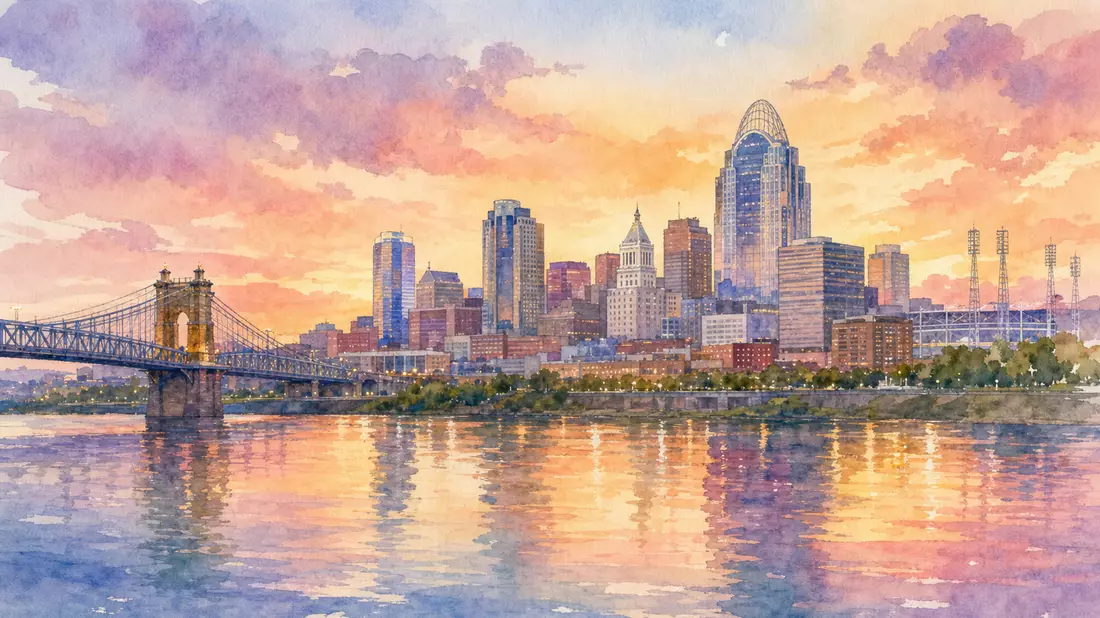 Aquarellbild der Cincinnati Skyline am Ohio River in warmen Sonnenuntergangsfarben