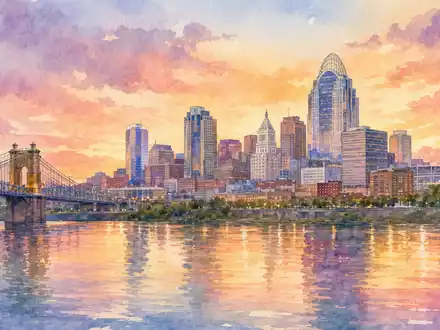 Aquarell der Cincinnati Skyline zeigt Sitz der The Procter & Gamble Company, ISIN US7427181091, gemalt - Foto: THN