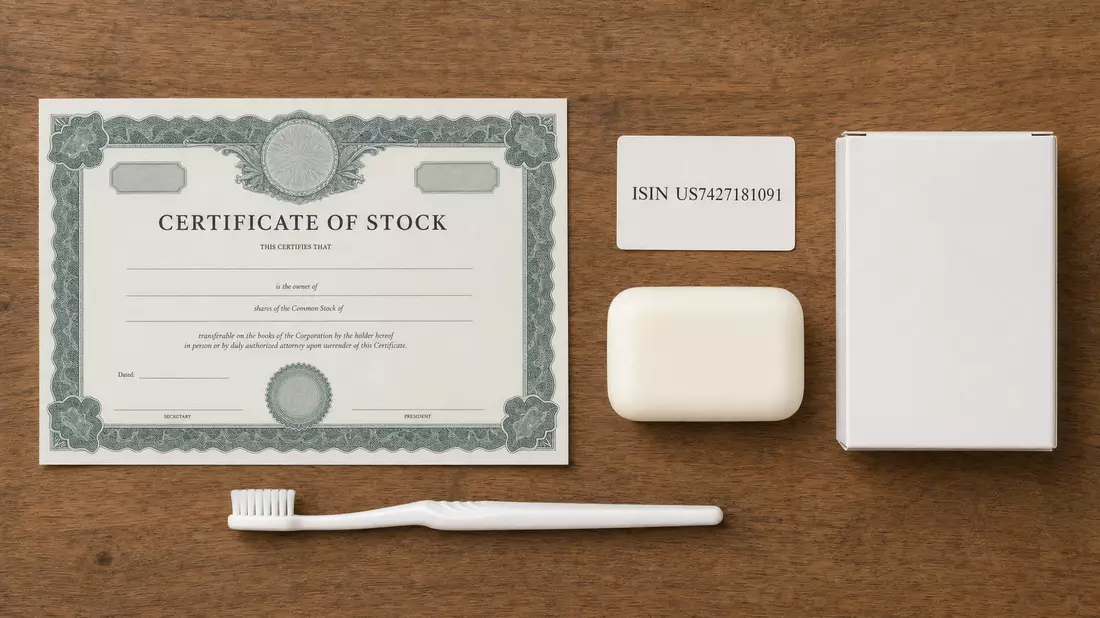 Flatlay: Aktienzertifikat, ISIN-Karte und unbeschriftete Pflegeprodukte auf Holztisch