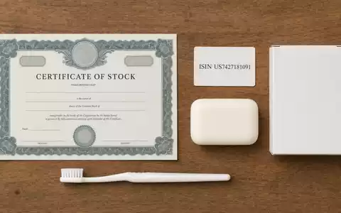 Flatlay mit Aktienzertifikat und ISIN-Karte zeigt Aktie der The Procter & Gamble Company, US7427181091, arrangiert - Foto: THN
