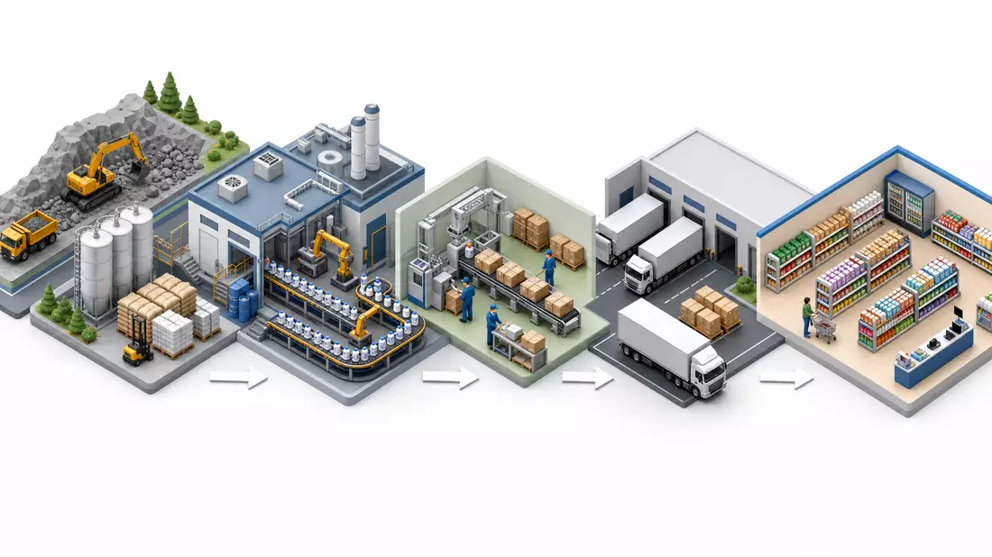 Isometrisches Diagramm der Produktionskette von Rohstoff bis zum Verkaufsregal