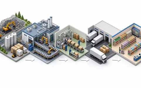 Isometrische 3D-Grafik zeigt Wertschöpfungskette der The Procter & Gamble Company, ISIN US7427181091, modern illustriert - Foto: THN