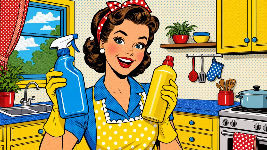 Pop-Art-Comic einer lachenden Frau mit bunten unbeschrifteten Putzmittelflaschen