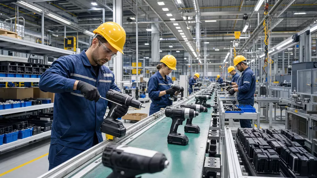 Moderne Fabrikhalle mit neutralen Elektrowerkzeugen auf Fließband, fotorealistisch