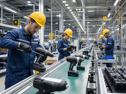 Fotorealistische Werkshalle zeigt Stanley Black & Decker (US8545021011) bei moderner Elektrowerkzeug-Fertigung und Qualitätskontrolle - Foto: THN