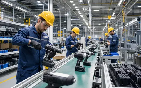 Fotorealistische Werkshalle zeigt Stanley Black & Decker (US8545021011) bei moderner Elektrowerkzeug-Fertigung und Qualitätskontrolle - Foto: THN