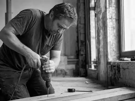 Schwarzweiß-Reportagefoto dokumentiert Stanley Black & Decker (US8545021011) Handwerker mit neutralem Werkzeug auf Baustelle - Foto: THN