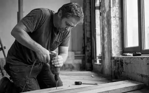 Schwarzweiß-Reportagefoto dokumentiert Stanley Black & Decker (US8545021011) Handwerker mit neutralem Werkzeug auf Baustelle - Foto: THN