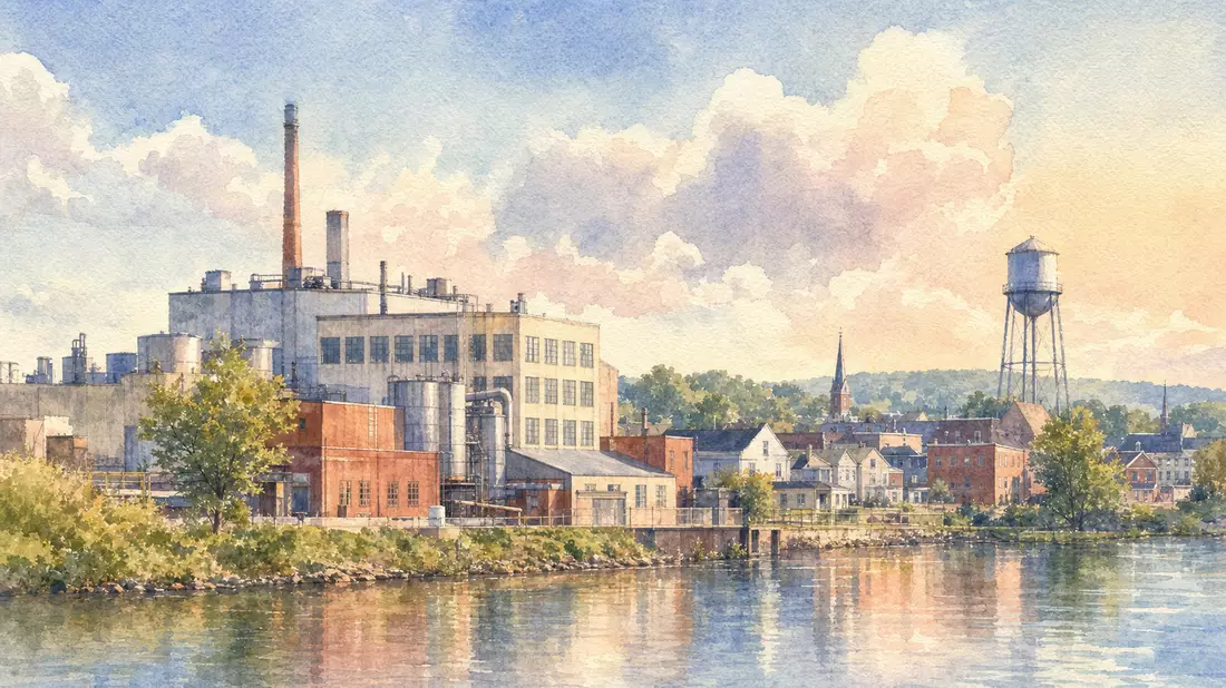 Aquarellbild einer amerikanischen Kleinstadt mit Industriegebäuden in weichen Farben